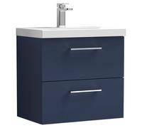 nuie ARN2924D Arno Modern Bathroom Wall Hung 2 Soft Close Drawer Vanity Unit and Thin-Edge Basin, 600mm, Midnight Blue