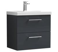 Nuie Arno Satin Wall Hung 2 Drawer Vanity Unit and Thin Edge Ceramic Basin | Soft Black | MDF | 600mm