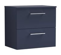 nuie ARN2924W Arno Modern Bathroom Wall Hung 2 Soft Close Drawer Vanity and Colour Coordinating Worktop, 600mm, Midnight Blue