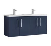 Nuie Arno Satin Wall Hung 4 Door Vanity Unit and Double Polymarble Basins | Midnight Blue | MDF | 1200mm