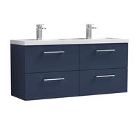 Nuie Arno Satin Wall Hung 4 Drawer Vanity Unit and Double Polymarble Basins | Midnight Blue | MDF | 1200mm