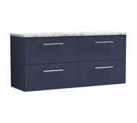 nuie ARN2924LCM2 Arno Modern Bathroom Wall Hung 4 Soft Close Drawer Vanity Unit and Carrera Marble Laminate Worktop, 1200mm, Midnight Blue