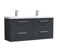 Nuie Arno Satin Wall Hung 4 Drawer Vanity Unit with Double Ceramic Basins | Soft Black | MDF | 1200mm