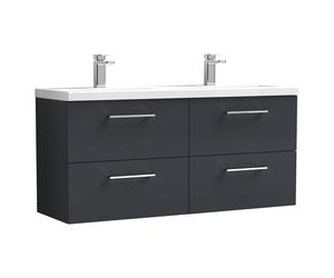 Nuie Arno Satin Wall Hung 4 Drawer Vanity Unit with Double Ceramic Basins | Soft Black | MDF | 1200mm