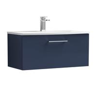 Nuie Arno Satin Wall Hung Single Drawer Vanity Unit and Curved Ceramic Basin | Midnight Blue | MDF | 800mm
