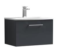 Nuie Arno Satin Wall Hung Single Drawer Vanity Unit and Curved Ceramic Basin | Soft Black | MDF | 600mm