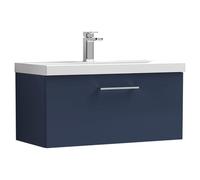 Nuie Arno Satin Wall Hung Single Drawer Vanity Unit and Mid Edge Ceramic Basin | Midnight Blue | MDF | 800mm