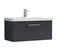 Nuie Arno Satin Wall Hung Single Drawer Vanity Unit and Mid Edge Ceramic Basin | Soft Black | MDF | 800mm