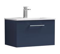 Nuie Arno Satin Wall Hung Single Drawer Vanity Unit and Minimalist Ceramic Basin | Midnight Blue | MDF | 600mm