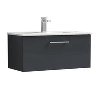 Nuie Arno Satin Wall Hung Single Drawer Vanity Unit and Minimalist Ceramic Basin | Soft Black | MDF | 800mm