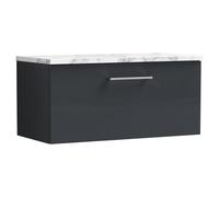nuie ARN1425LCM Arno Modern Bathroom Wall Hung 1 Close Drawer Vanity Unit and Carrera Marble Laminate Worktop, 800mm, Soft Black