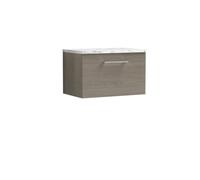 Nuie Arno Wall Hung 1-Drawer Modern Vanity Unit With Solace Oak Laminate Worktop, Stylish Counter Top Vanity Unit In Solace Oak