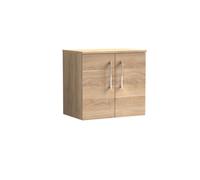 Nuie Arno Wall Hung 2-Door Vanity & Bleached Cuneo Oak Worktop, Stylish Counter Top Vanity Unit In Bleached Oak, 600mm