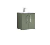 Nuie Arno Wall Hung 2 Door Vanity Unit and Curved Ceramic Basin | Satin Green | MDF | 500mm