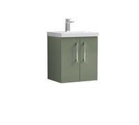 Nuie Arno Wall Hung 2 Door Vanity Unit and Mid Edge Ceramic Basin | Satin Green | MDF | 500mm
