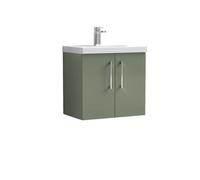 Nuie Arno Wall Hung 2 Door Vanity Unit and Mid Edge Ceramic Basin | Satin Green | MDF | 600mm