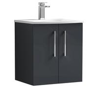 nuie ARN1421G Arno Wall Hung 2 Door Vanity Unit & Curved Ceramic Basin, 500mm, Soft Black, Small