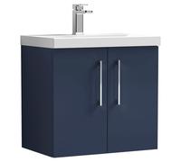 nuie ARN2923D Arno Modern Bathroom Wall Hung 2 Soft Close Door Vanity Unit and Thin-Edge Basin, 600mm, Midnight Blue