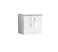 Nuie Arno Wall Hung 2 Door Vanity Unit with Bellato Grey Worktop | Gloss White | MDF | 600mm