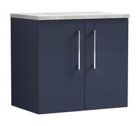 Nuie Arno Wall Hung 2 Door Vanity Unit with Bellato Grey Worktop | Satin Midnight Blue | MFC | 600mm