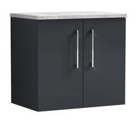 Nuie Arno Wall Hung 2 Door Vanity Unit with Bellato Grey Worktop | Satin Soft Black | MDF | 600mm