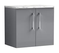 Nuie Arno Wall Hung 2 Door Vanity Unit with Carrera Marble Laminate Worktop | Satin Grey | MFC | 600mm