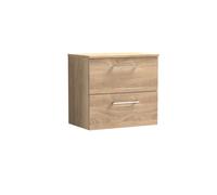 Nuie Arno Wall Hung 2-Drawer Vanity & Bleached Cuneo Oak Worktop, Stylish Counter Top Vanity Unit In Bleached Oak, 600mm