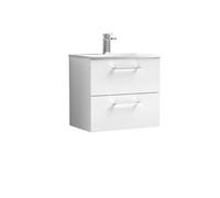 nuie ARN124G Arno Modern Bathroom Wall Hung 2 Drawer Vanity Unit with Curved Ceramic Basin, Gloss White