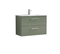 Nuie Arno 800mm Wall Hung 2 Drawer Vanity & Minimalist Basin Satin Green, Green