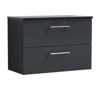 Nuie Arno Wall Hung 2 Drawer Vanity Unit with Black Sparkle Worktop | Satin Soft Black | MDF | 800mm