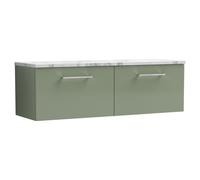 Nuie Arno Wall Hung 2 Drawer Vanity Unit with Carrera Marble Laminate Worktop | Satin Green | MFC | 1200mm