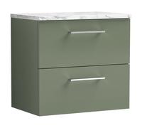 Nuie Arno Wall Hung 2 Drawer Vanity Unit with Carrera Marble Laminate Worktop | Satin Green | MFC | 600mm