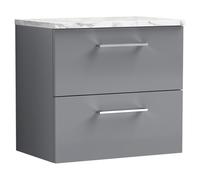 Nuie Arno Wall Hung 2 Drawer Vanity Unit with Carrera Marble Laminate Worktop | Satin Grey | MFC | 600mm