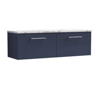 Nuie Arno Wall Hung 2 Drawer Vanity Unit with Carrera Marble Laminate Worktop | Satin Midnight Blue | MFC | 1200mm