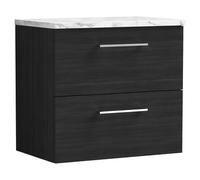 nuie ARN624LCM Arno Modern Bathroom Wall Hung 2 Soft Close Drawer Vanity Unit and Carrera Marble Laminate Worktop, 600mm, Charcoal Black Woodgrain