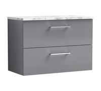 nuie ARN2226LCM Arno Modern Bathroom Wall Hung 2 Soft Close Drawer Vanity Unit and Carrera Marble Laminate Worktop, 800mm, Satin Grey