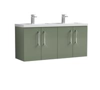 Nuie Arno Wall Hung 4 Door Vanity Unit and Double Polymarble Basins | Satin Green | MDF | 1200mm
