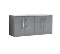 Nuie Arno Wall Hung 4-Door Vanity Unit & Laminate Worktop In Bellato Grey, Modern Counter Top Vanity Unit In Satin Grey