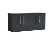 Nuie Arno Wall Hung 4-Door Vanity Unit & Laminate Worktop In Satin Soft Black, Modern Counter Top Vanity Unit In Soft Black