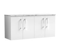 nuie Arno 1200mm Wall Hung 4 Door Vanity & Laminate Worktop, Gloss White, White
