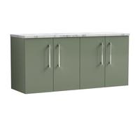 Nuie Arno Wall Hung 4 Door Vanity Unit with Carrera Marble Laminate Worktop | Satin Green | MFC | 1200mm