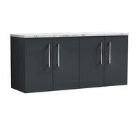 Nuie Arno Wall Hung 4 Door Vanity Unit with Carrera Marble Laminate Worktop | Satin Soft Black | MFC | 1200mm