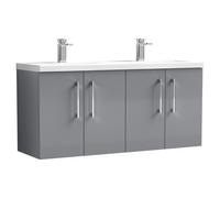 Nuie Arno Wall Hung 4 Door Vanity Unit with Double Ceramic Basins | Satin Grey | MDF | 1200mm