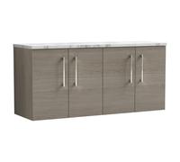 nuie ARN2523LCM2 Arno Modern Bathroom Wall Hung 4 Soft Close Door Vanity Unit and Carrera Marble Laminate Worktop, 1200mm, Solace Oak