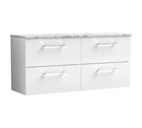 Nuie Arno Wall Hung 4 Drawer Vanity Unit with Carrera Marble Laminate Worktop | Gloss White | MFC | 1200mm