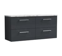 Nuie Arno Wall Hung 4 Drawer Vanity Unit with Carrera Marble Laminate Worktop | Satin Soft Black | MFC | 1200mm