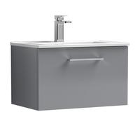Nuie Arno Wall Hung Single Drawer Vanity Unit and Minimalist Ceramic Basin | Satin Grey | MDF | 600mm