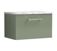 Nuie Arno Wall Hung Single Drawer Vanity Unit with Carrera Marble Laminate Worktop | Satin Green | MFC | 600mm