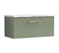 Nuie Arno Wall Hung Single Drawer Vanity Unit with Carrera Marble Laminate Worktop | Satin Green | MFC | 800mm