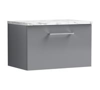 Nuie Arno Wall Hung Single Drawer Vanity Unit with Carrera Marble Laminate Worktop | Satin Grey | MFC | 600mm